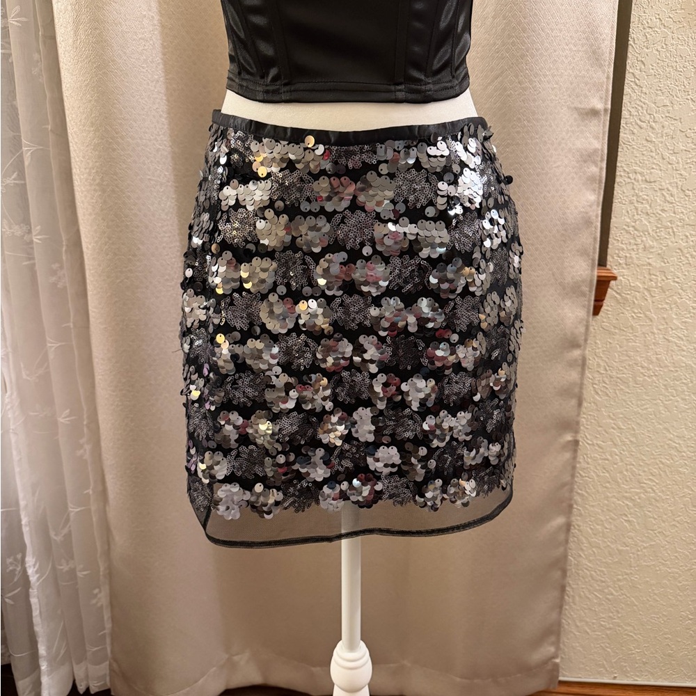Forever 21 Black Sequin Mini Skirt with Silver Accents